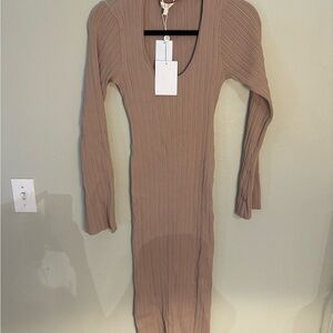 Wayf Tan Long Sleeve Ribbed Dress